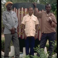 Members of the Sukuma Research Committee: Deogratias Makalanga, Philippo Ibarabara, and Musa Shabo Lubatula (now deceased assistant of Ibogo Megi) May 30, 1995, Sukuma Museum, Bujora village